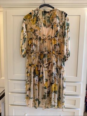Sheer Floral Tiered Ruffle Dress with Tassel Ties